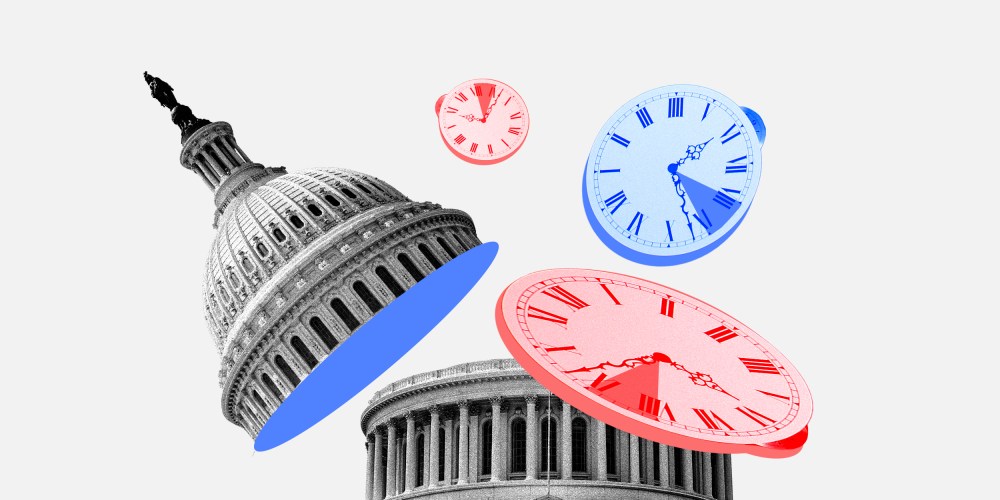 Photo illustration of three clocks floating out of a dissected Capitol Dome.