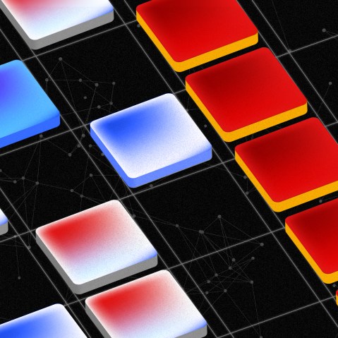 A line of yellow and red colored tiles on a grid. Blue, white and red tiles next to it are scattered but within grid lines.