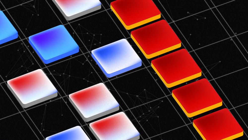 A line of yellow and red colored tiles on a grid. Blue, white and red tiles next to it are scattered but within grid lines.