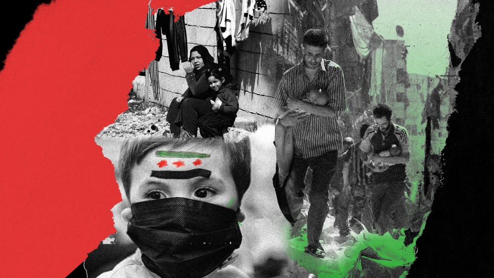 Photo collage of Syrian men carrying babies through the rubble of destroyed buildings, a child in a mask and the Syrian flag painted on his forehead and a women and her daughter sit outside a refugee camp.