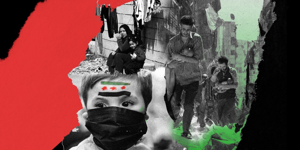 Photo collage of Syrian men carrying babies through the rubble of destroyed buildings, a child in a mask and the Syrian flag painted on his forehead and a women and her daughter sit outside a refugee camp.