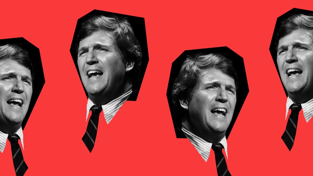 Photo illustration of repeated images of Tucker Carlson speaking.