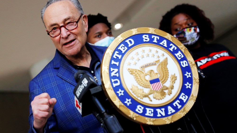 Senate Majority Leader Chuck Schumer speaks about the Covid-19 relief legislation in New York on March 8, 2021.