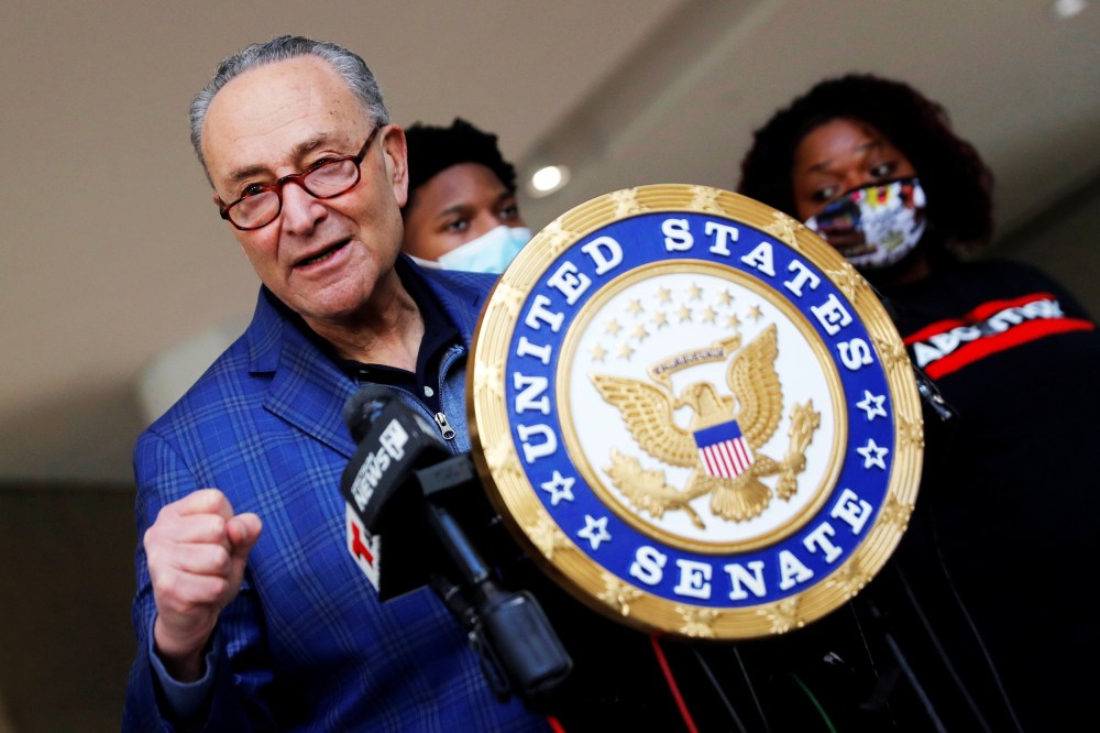 Senate Majority Leader Chuck Schumer speaks about the Covid-19 relief legislation in New York on March 8, 2021.