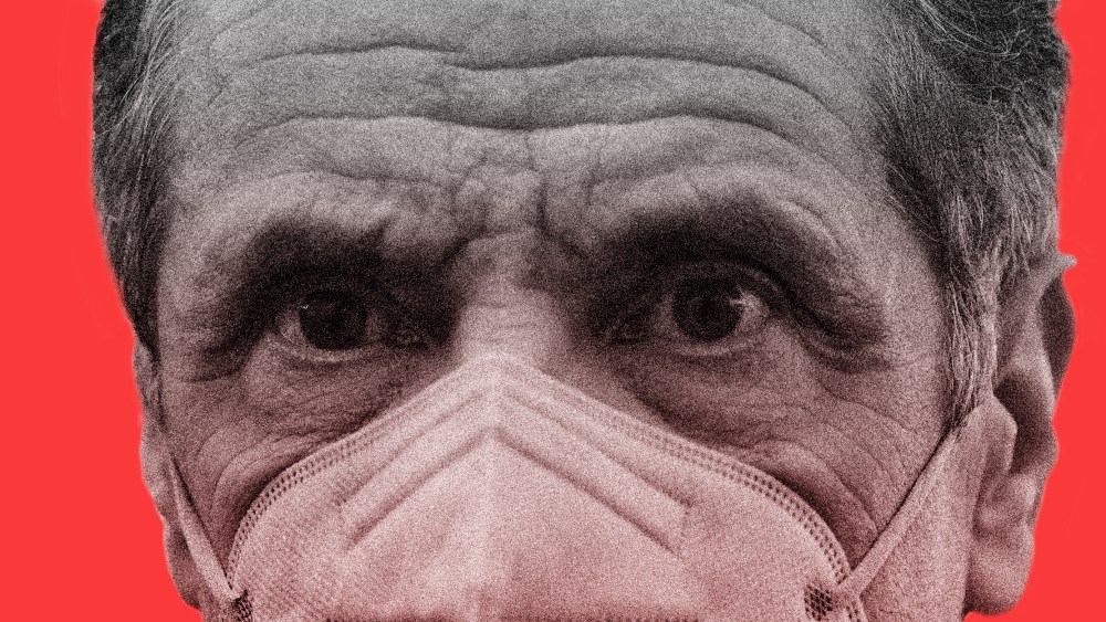 Photo illustration of a close-up of Gov- Andrew Cuomo in a mask.