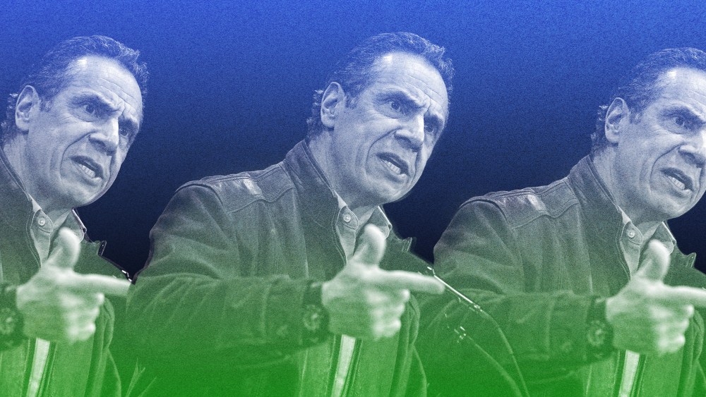 Photo illustration with repeated images of Gov. Andrew Cuomo speaking.