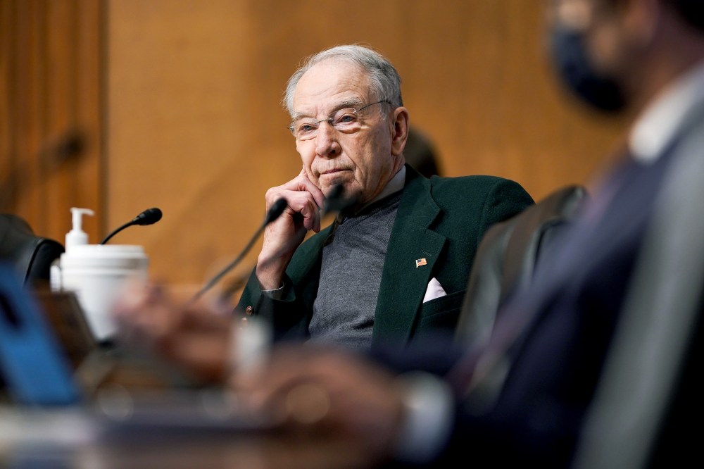 Image: Sen. Chuck Grassley, R-Iowa, questions Deputy Treasury Secretary nominee Adewale Adeyemo during his Senate Finance Committee nomination hearing on February 23, 2021 at Capitol Hill.