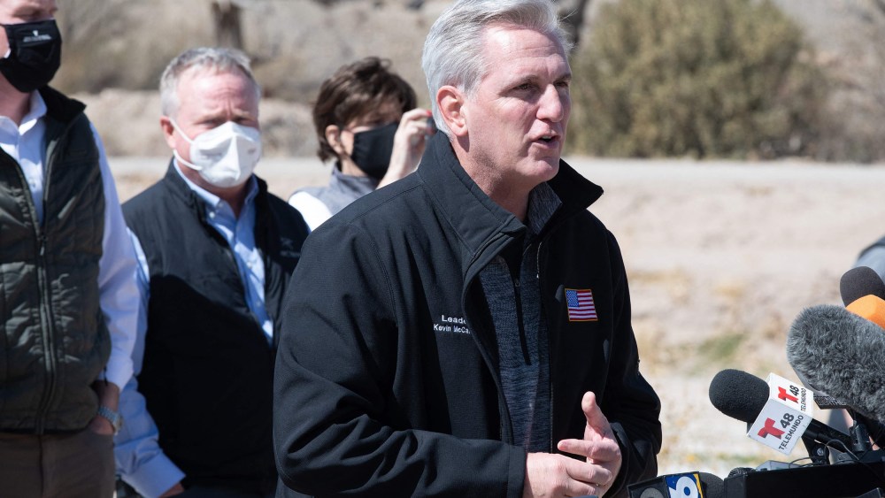 Image: House Minority Leader Kevin McCarthy addresses reporters during the congressional border delegation visit to El Paso