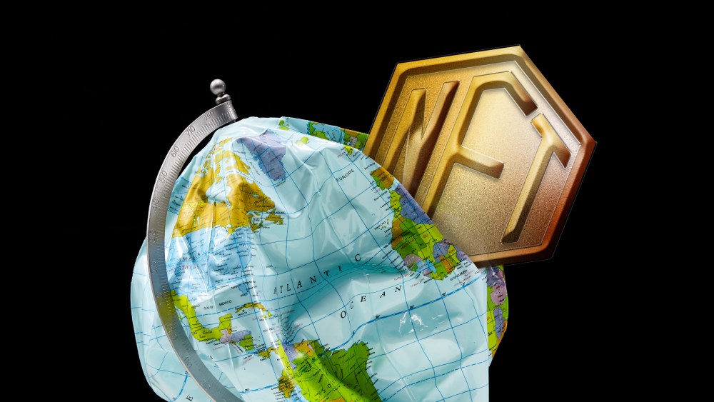 Photo illustration of an NFT token crushing and deflating a globe.