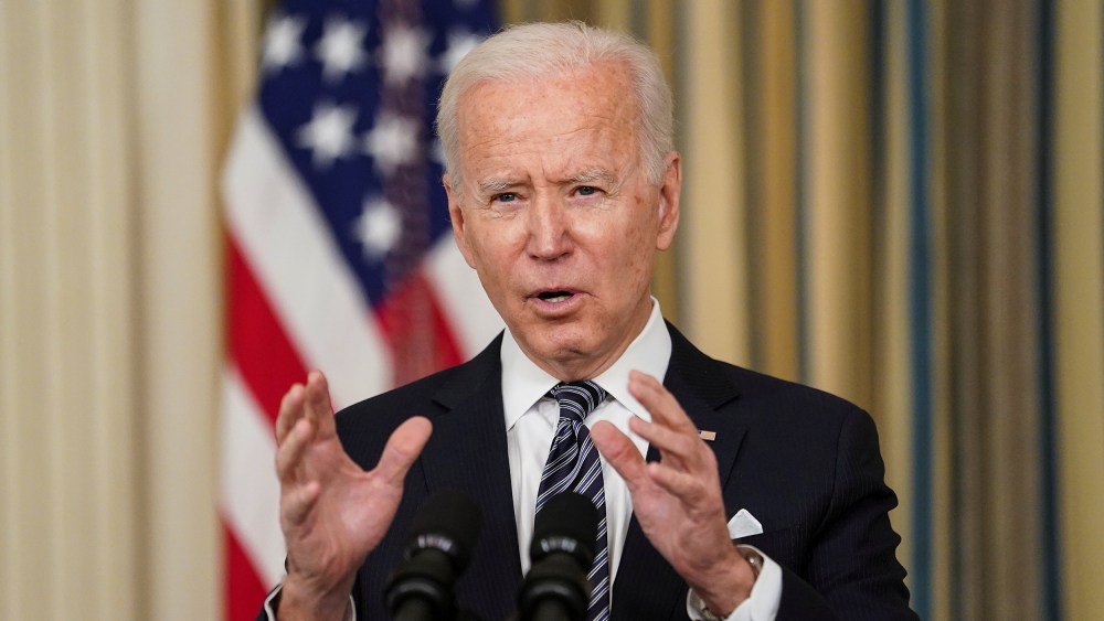 Image: President Joe Biden delivers remarks on the implementation of the American Rescue Plan in the State Dining Room at the White House