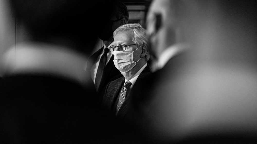 Image: Mitch McConnell during a press conference.