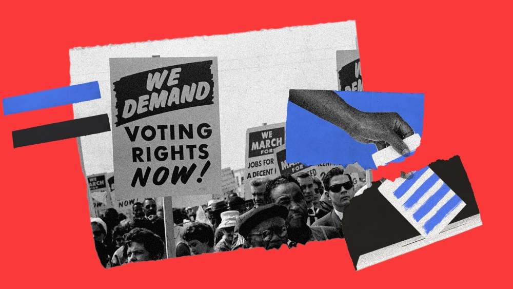Photo collage of an image of demonstrators holding up signs, one reads 'We Demand Voting Rights Now!' and a torn image of a hand putting a vote into the ballot box.