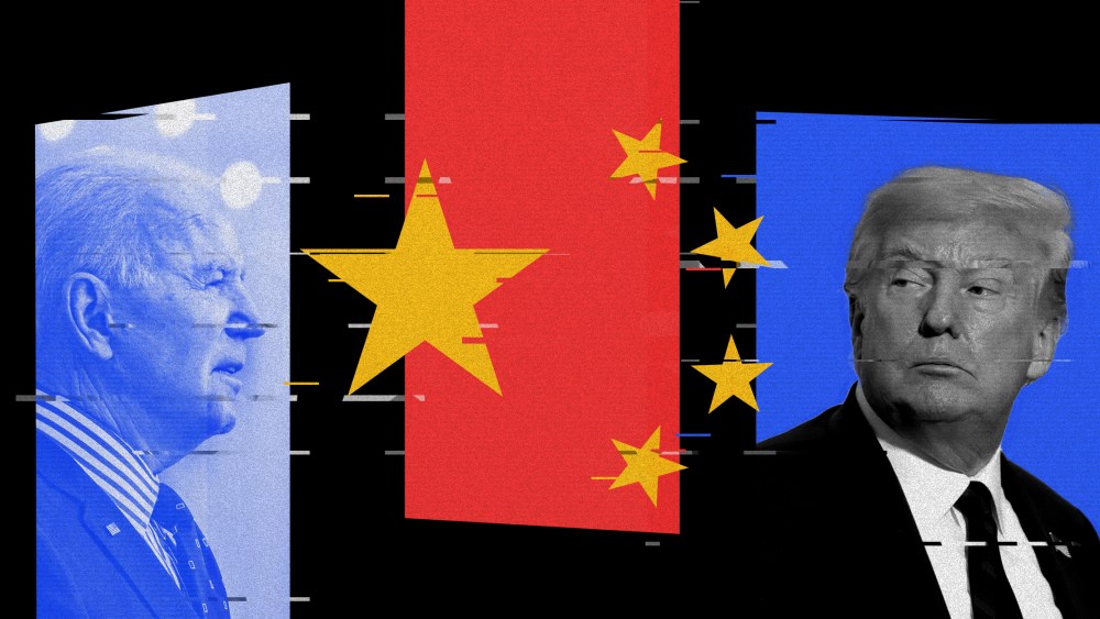 Photo illustration of President Joe Biden, the Chinese flag and fmr. President Donald Trump with glitches over it.