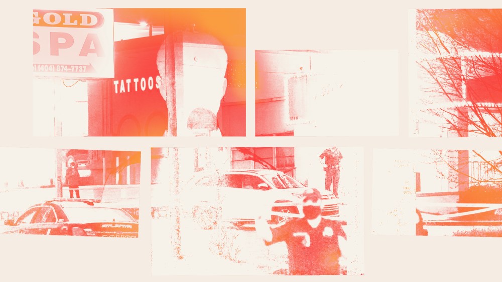 Photo illustration showing parts of the scene outside the shooting site in Atlanta, Georgia superimposed with a silhouette.