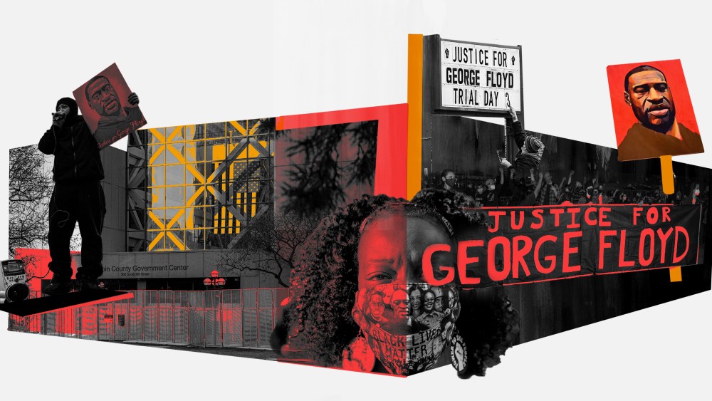 Photo collage of images of the Hennepin County Government Center, Minneapolis, marching protestors and a sign that reads,"Justice for George Floyd Trial Day 3".