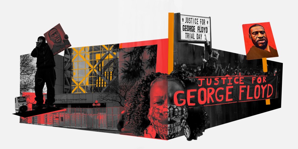 Photo collage of images of the Hennepin County Government Center, Minneapolis, marching protestors and a sign that reads,"Justice for George Floyd Trial Day 3".