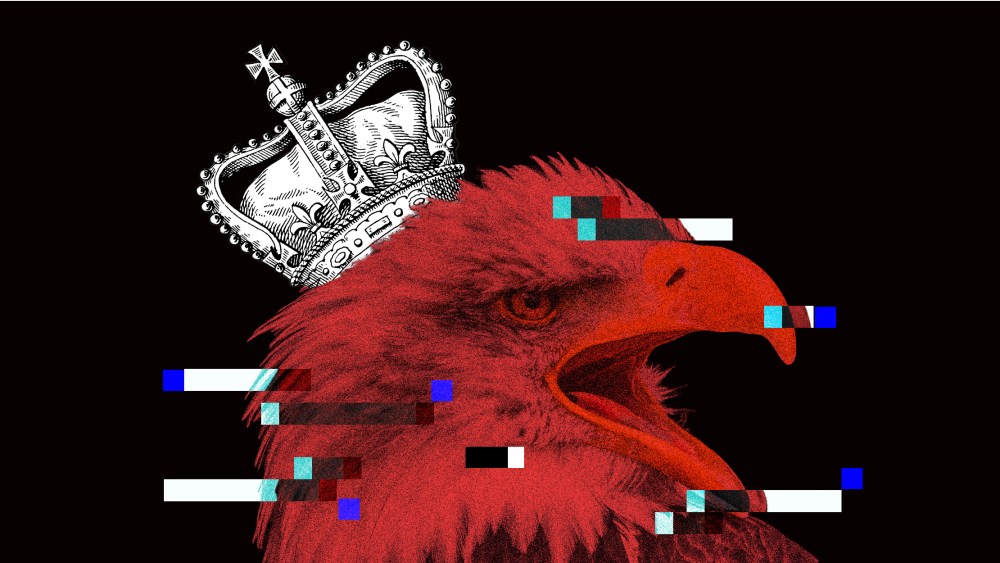 Photo illustration of a royal crown on an eagle's head with glitches over it.