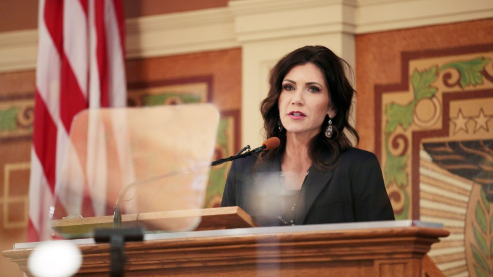 South Dakota Gov. Kristi Noem addresses the Legislature, Tuesday, Feb. 9, 2021, at the Capitol in Pierre, S.D.