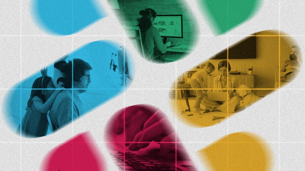 Photo illustration of a blurry logo of Slack. Each of its shapes have images of people working from home.