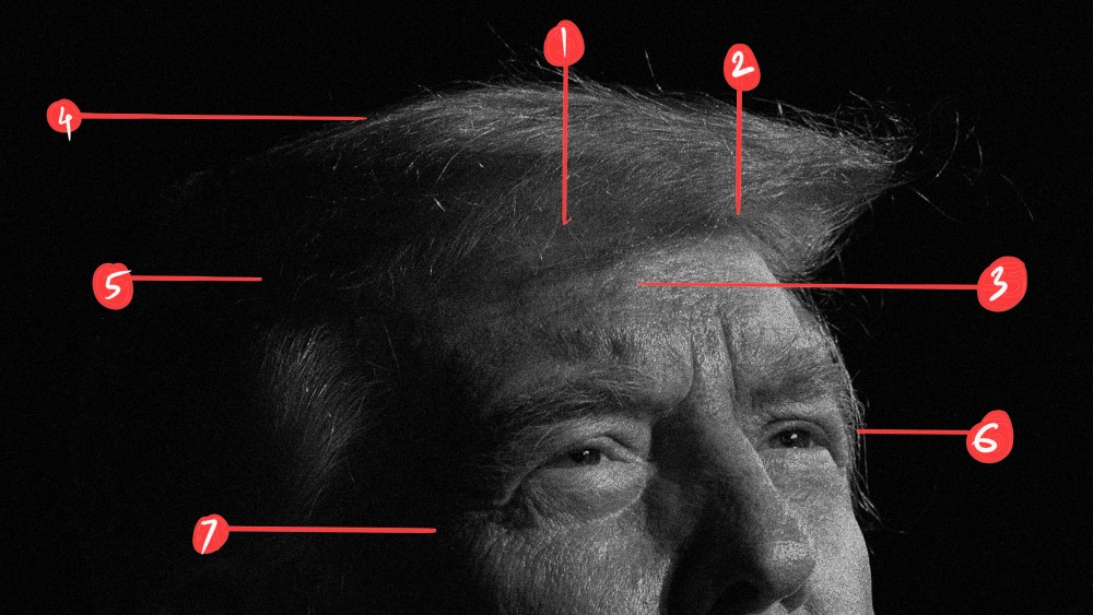 Photo illustration of scribbles and numbered labels around a close-up headshot of Donald Trump.