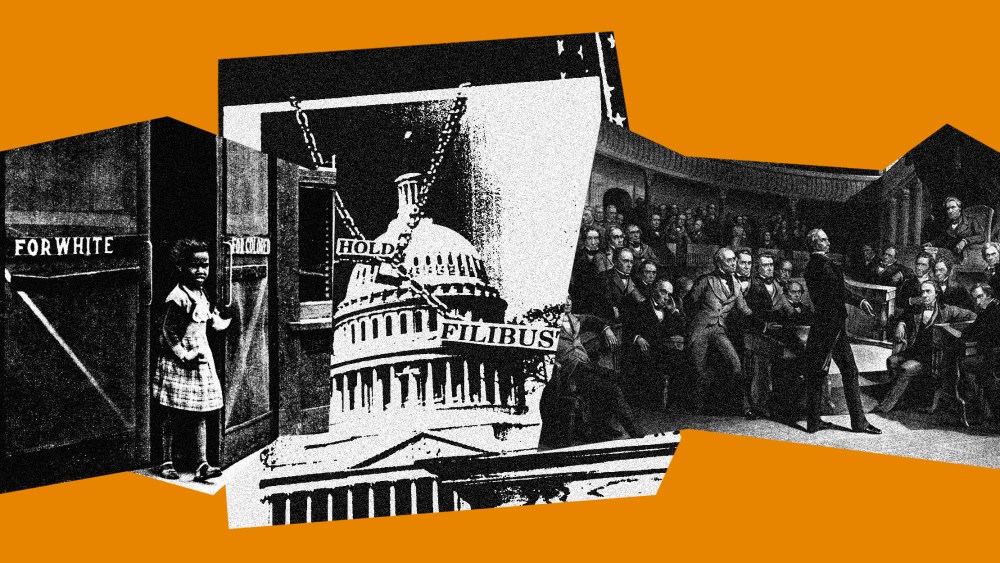 Photo collage with images of a girl at a door, signs on her sides read,"For Whites" and "For Colored", the Capitol Hill with chains around it and text that reads,"Hold" and "Filibuster" and an engraving of Sen. Henry Clay speaking before the U.S. Senate.