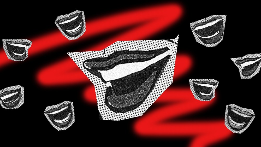 Photo illustration of multiple cut-outs of laughing mouths.