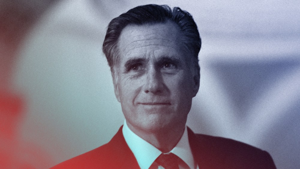 Image: Close-up of Senator Mitt Romney will a red and blue color overlay.