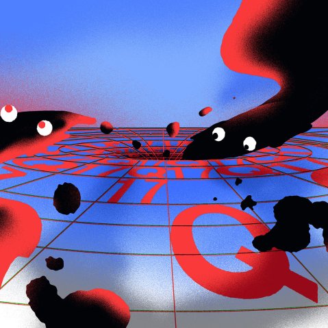 Image: Illustration shows two figures being sucked into a digital rabbit hole with QAnon and number 17 symbols.