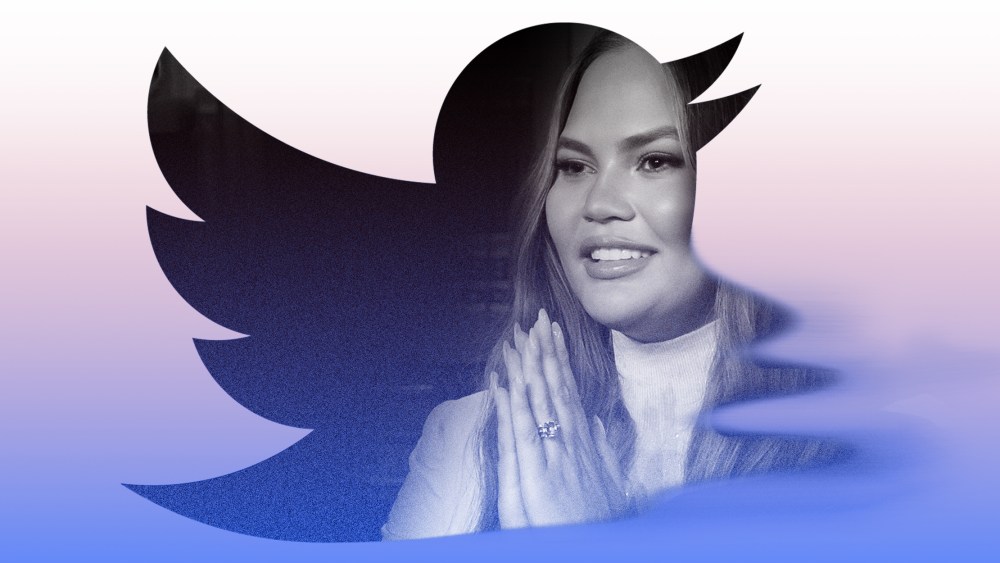 Photo illustration of a partial image of Chrissy Teigen dispersing from the Twitter logo.