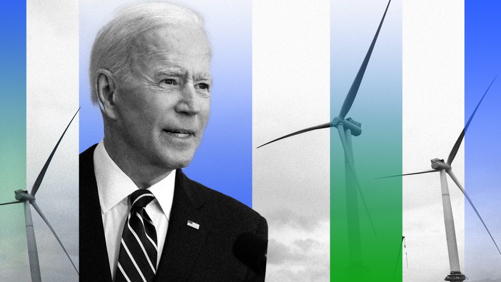 Photo illustration of U.S. President Jose Biden against a background of offshore wind turbines.
