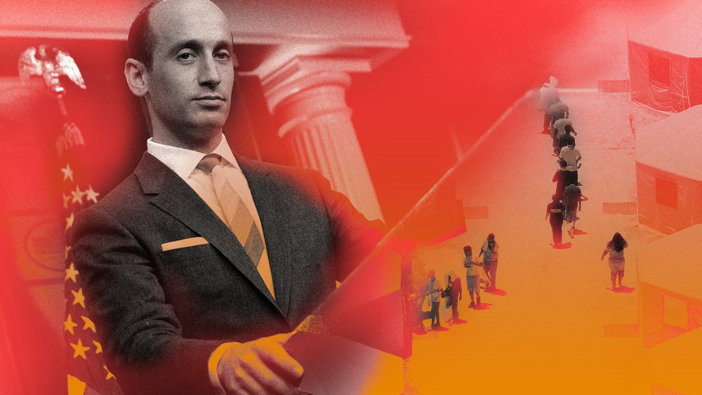 Photo collage of Stephen Miller at the podium merged with the image of children and workers at a tent encampment in Texas.