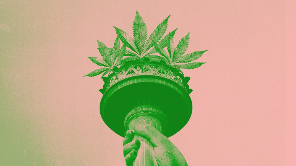 Photo illustration of cannabis leaves sticking out of the Statue of Liberty torch.