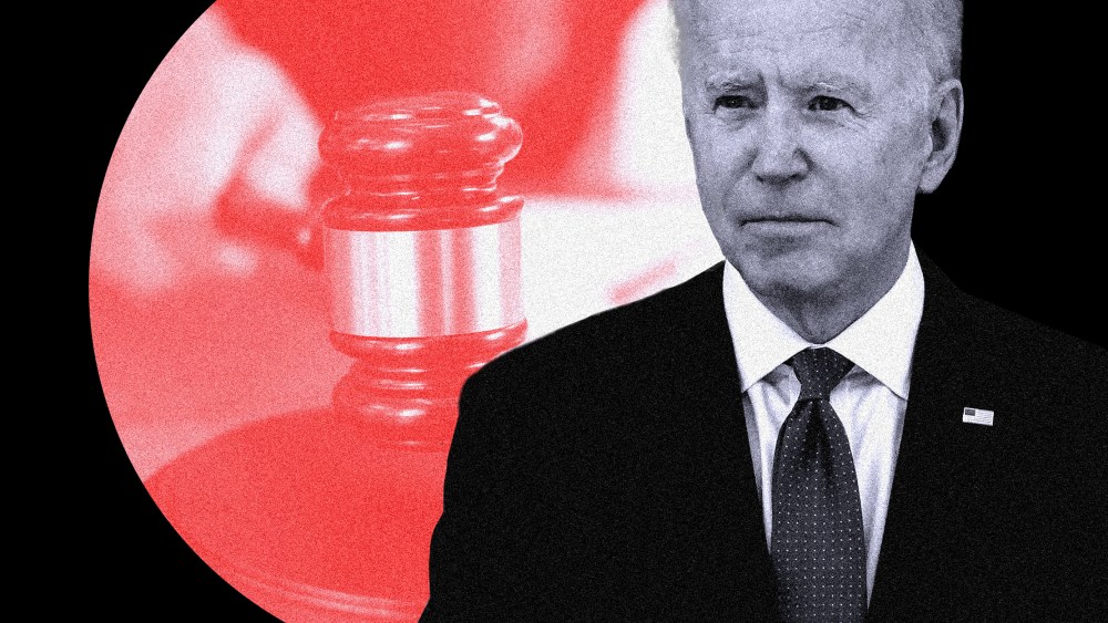 Photo illustration of a hand holding a gavel and U.S. President Joe Biden