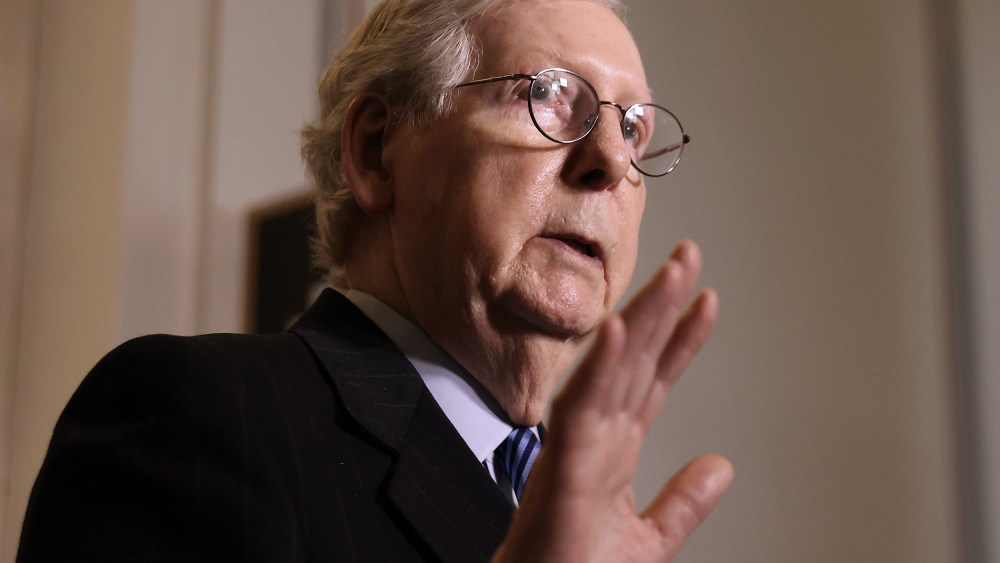 Image: Senate Minority Leader Mitch McConnell talks to reporters on Capitol Hill March 16, 2021.