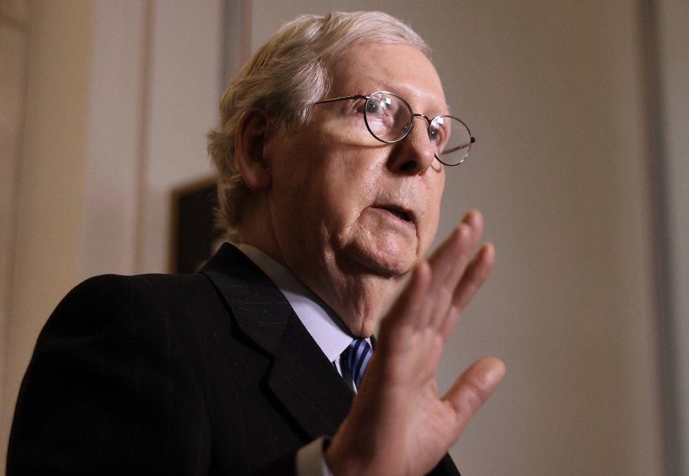 Image: Senate Minority Leader Mitch McConnell talks to reporters on Capitol Hill March 16, 2021.