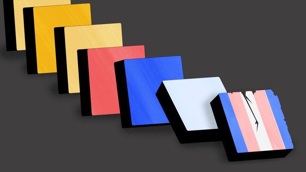 Illustration of a tile with the transgender pride flag colors falling backwards over a row of different colored tiles.