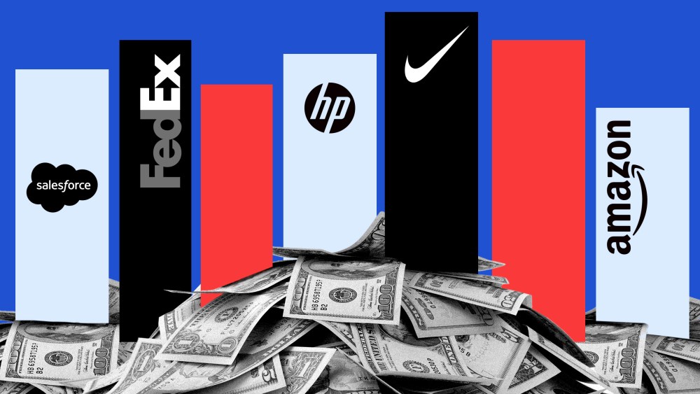 Photo illustration of graphs with corporate logos sitting over heaps of money. Logos of Salesforce, FedEx, HP, Nike and Amazon.