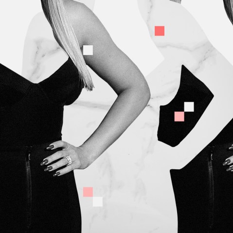 Photo collage of three silhouettes of Khloe Kardashian's arm on her waist. the centre silhouette has a marble texture.