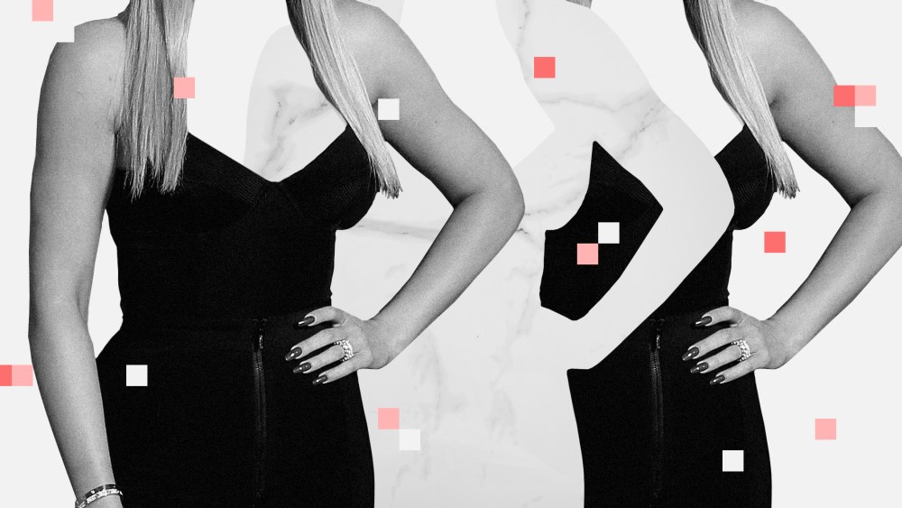 Photo collage of three silhouettes of Khloe Kardashian's arm on her waist. the centre silhouette has a marble texture.