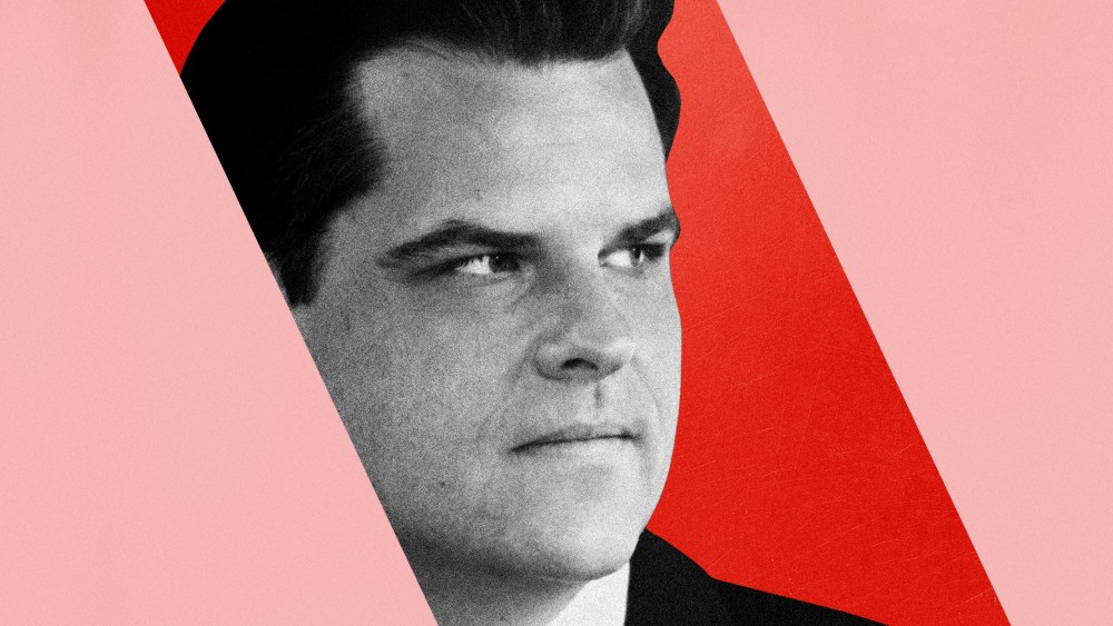 Image: Illustration of Matt Gaetz inside a block of red surrounded by pink.
