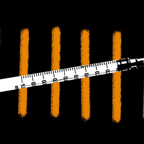 Photo illustration of yellow colored chalk strikes on a black background and a vaccine that cuts across them.