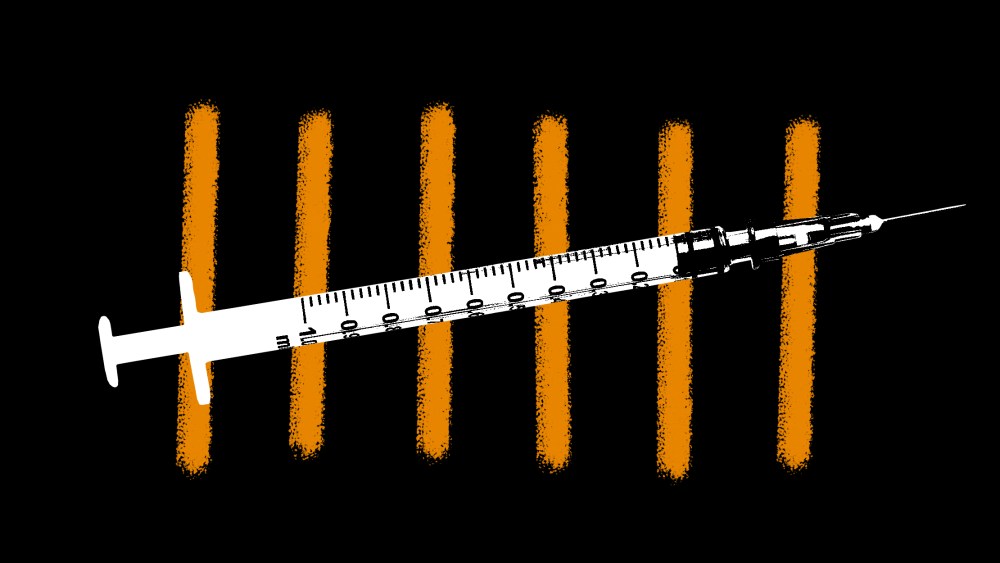 Photo illustration of yellow colored chalk strikes on a black background and a vaccine that cuts across them.