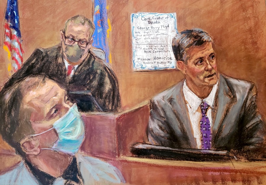Courtoom sketch of Hennepin County Medical Examiner Dr. Andrew Baker testifies during the trial of former Minneapolis police officer Derek Chauvin on April 9, 2021.