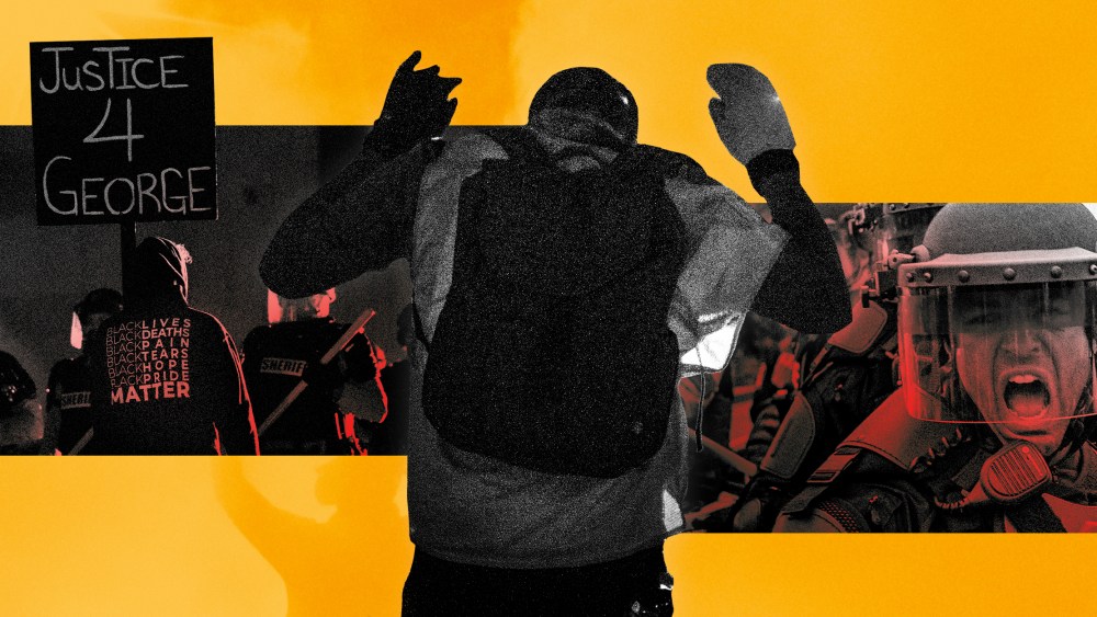 Illustration of scenes from protests in Minneapolis after a Black man was killed by police on April 11, 2021.