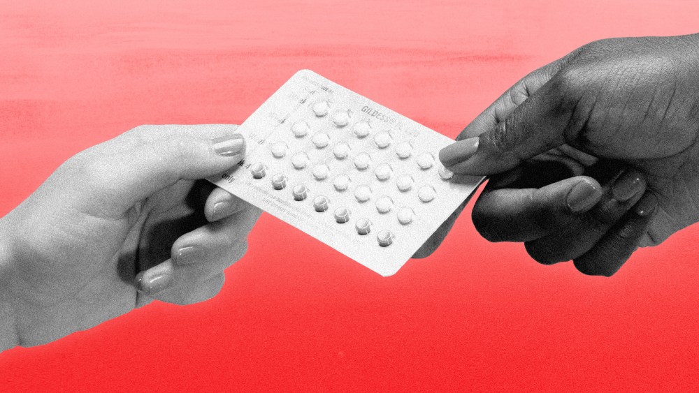 Illustration shows two hands holding a birth control pill packet.