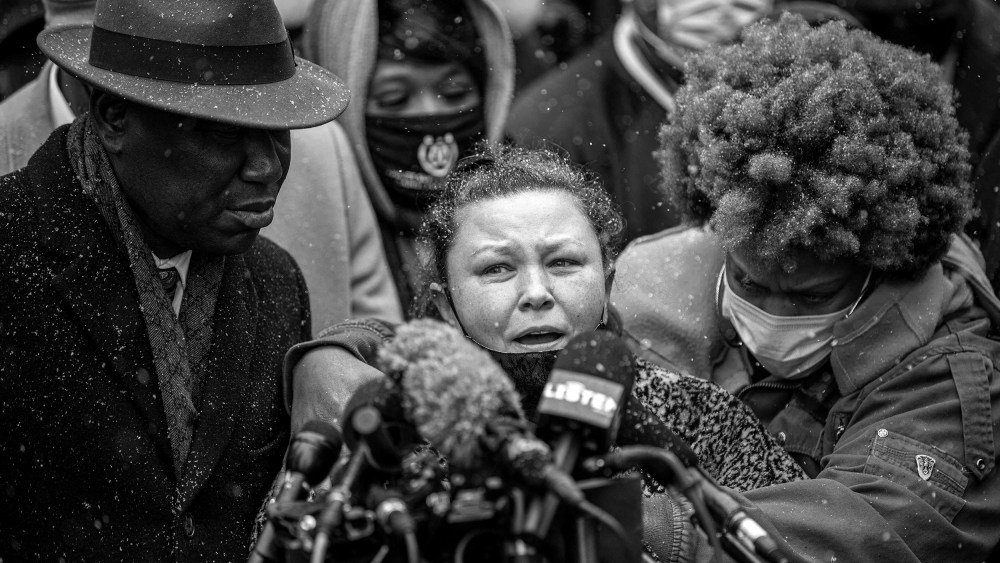 Image: Katie Wright, mother of Daunte Wright  with family members and attorney speaks at a press conference.