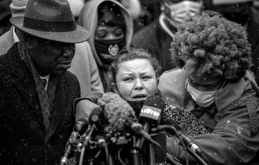 Image: Katie Wright, mother of Daunte Wright with family members and attorney speaks at a press conference.