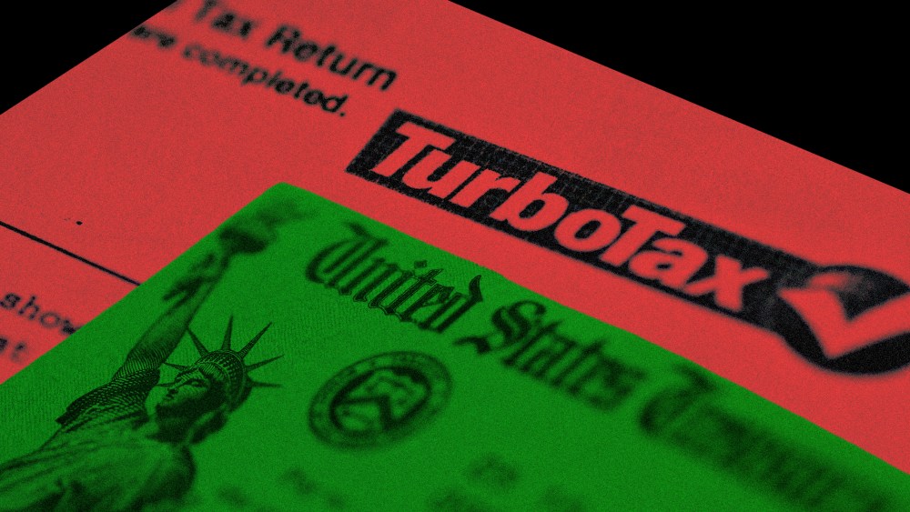 Photo illustration of the payment cheque from the US Treasury and a sheet with the Turbo Tax logo.