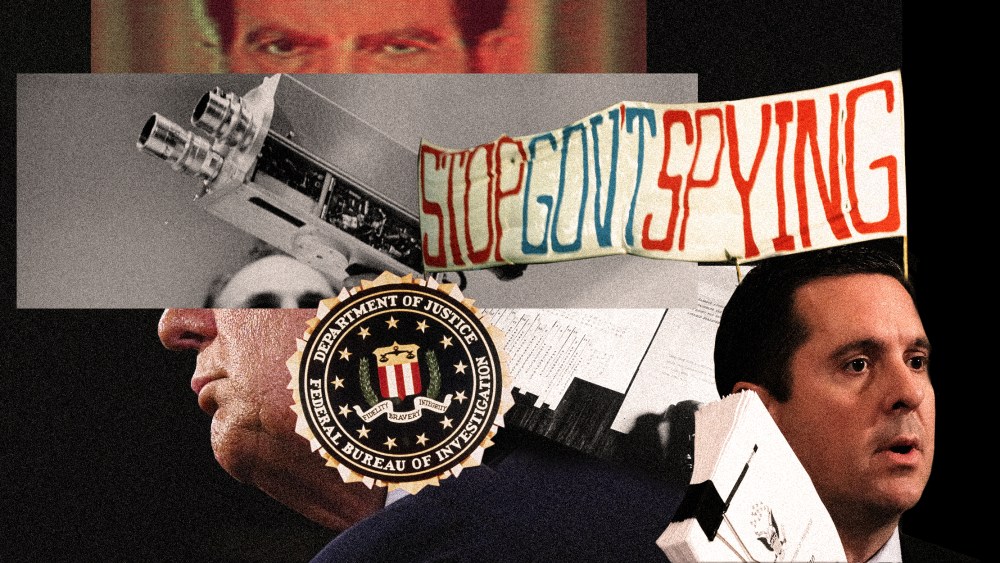 Photo collage with a close up of Richard Nixon's eyes, a hand holding an old TV camera, the FBI stamp, a banner that reads,"Stop Govt Spying", Devin Nunes and a cropped profile of Donald Trump at the back.
