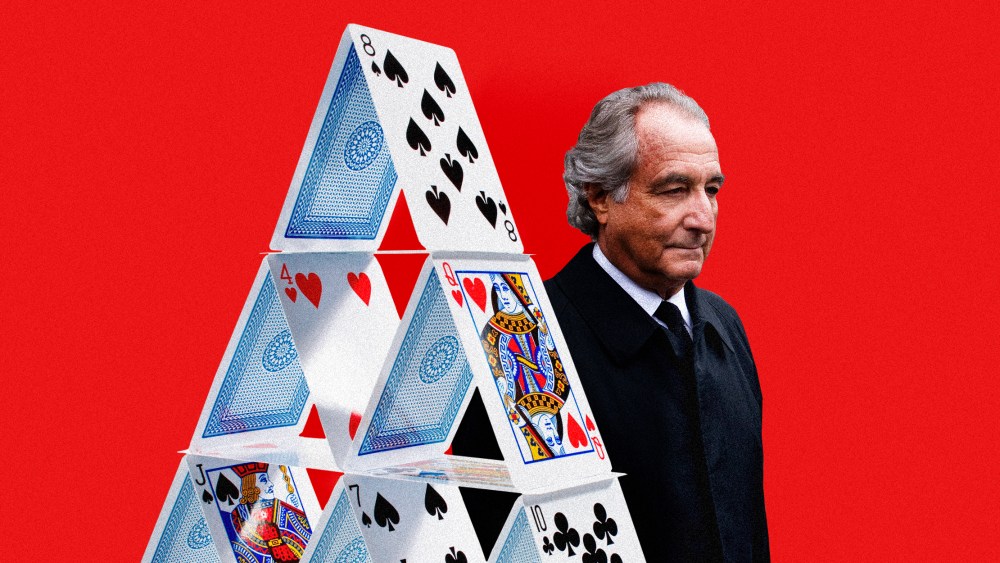 Illustration of Bernie Madoff behind a house of cards.
